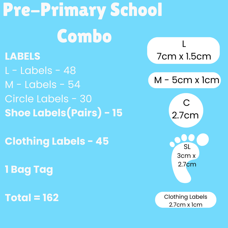 Pre-Primary School Combo with labels and bag tag on a blue background