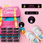 Coral Designs Pre-Primary Label Combo – personalised, waterproof, non-toxic labels for preschoolers. Includes shoe labels, DTF iron-ons & bag tag