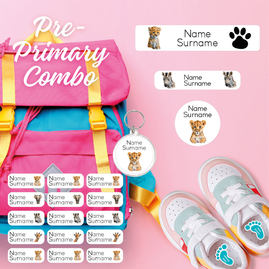 Coral Designs Pre-Primary Label Combo – personalised, waterproof, non-toxic labels for preschoolers. Includes shoe labels, DTF iron-ons & bag tag.