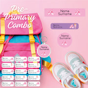 Coral Designs Pre-Primary Label Combo – personalised, waterproof, non-toxic labels for preschoolers. Includes shoe labels, DTF iron-ons & bag tag.
