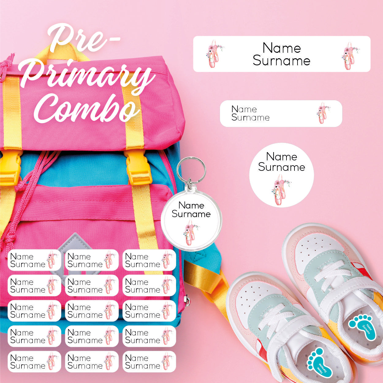 Coral Designs Pre-Primary Label Combo – personalised, waterproof, non-toxic labels for preschoolers. Includes shoe labels, DTF iron-ons & bag tag.