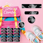 Coral Designs Pre-Primary Label Combo – personalised, waterproof, non-toxic labels for preschoolers. Includes shoe labels, DTF iron-ons & bag tag.