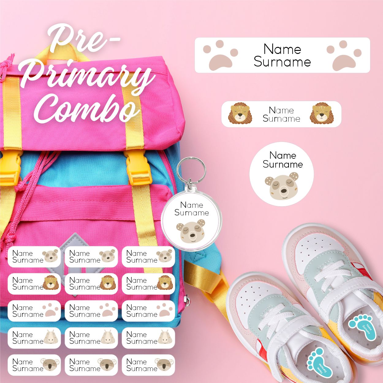 Coral Designs Pre-Primary Label Combo – personalised, waterproof, non-toxic labels for preschoolers. Includes shoe labels, DTF iron-ons & bag tag.