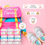 Coral Designs Pre-Primary Label Combo – personalised, waterproof, non-toxic labels for preschoolers. Includes shoe labels, DTF iron-ons & bag tag.
