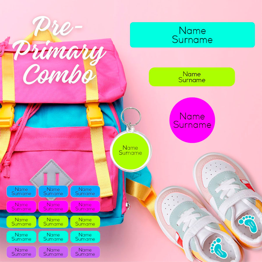 Coral Designs Pre-Primary Label Combo – personalised, waterproof, non-toxic labels for preschoolers. Includes shoe labels, DTF iron-ons & bag tag.