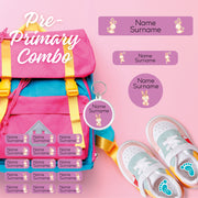 Coral Designs Pre-Primary Label Combo – personalised, waterproof, non-toxic labels for preschoolers. Includes shoe labels, DTF iron-ons & bag tag.