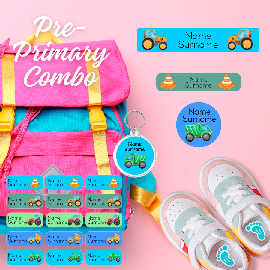 Coral Designs Pre-Primary Label Combo with personalised waterproof name labels and shoe stickers