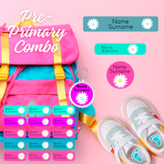 Coral Designs Pre-Primary Label Combo – personalised, waterproof, non-toxic labels for preschoolers. Includes shoe labels, DTF iron-ons & bag tag.