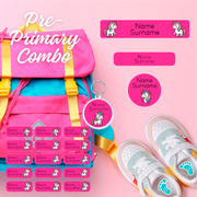 Coral Designs Pre-Primary Label Combo with personalised waterproof name labels and shoe stickers