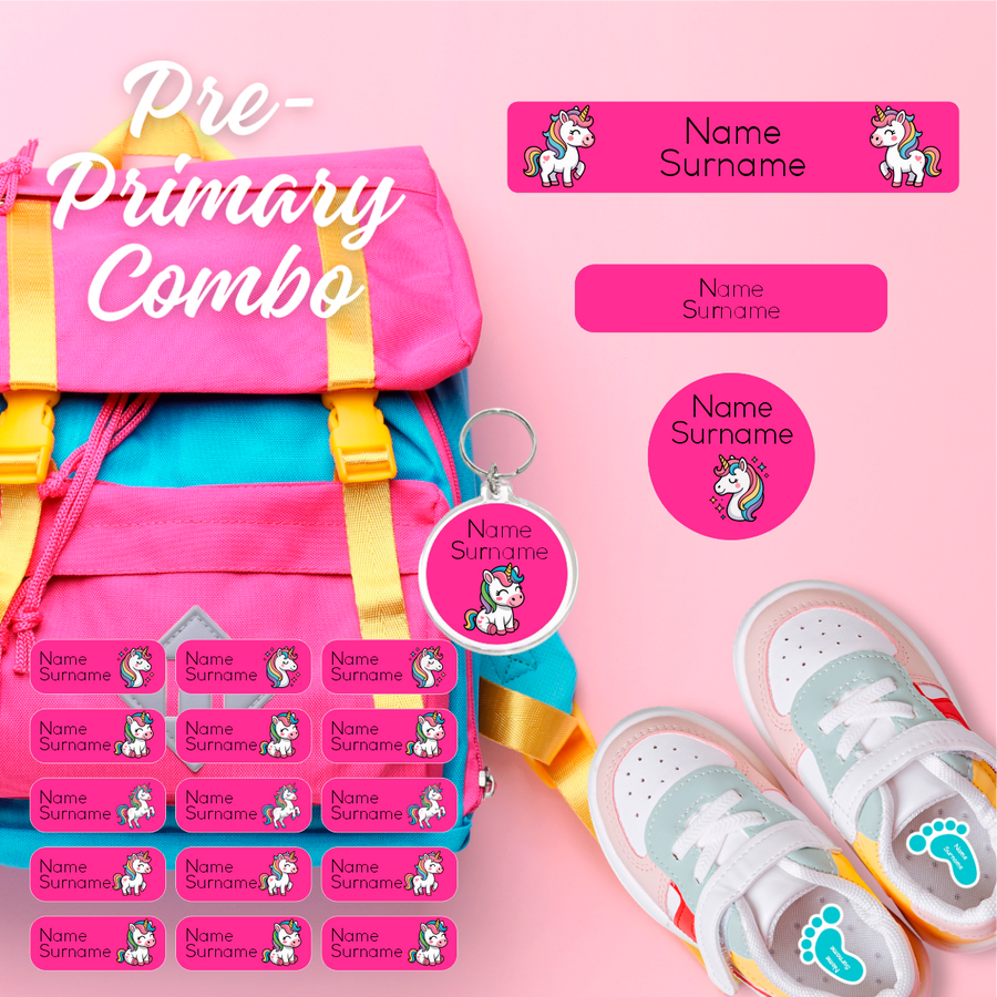 Coral Designs Pre-Primary Label Combo with personalised waterproof name labels and shoe stickers