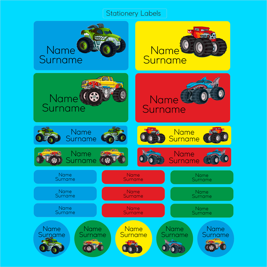 Monster Trucks - Boys Stationery Labels