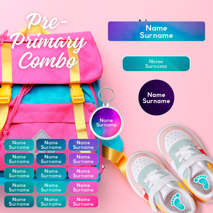 Coral Designs Pre-Primary Label Combo – personalised, waterproof, non-toxic labels for preschoolers. Includes shoe labels, DTF iron-ons & bag tag.