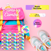 Coral Designs Pre-Primary Label Combo with personalised waterproof name labels and shoe stickers