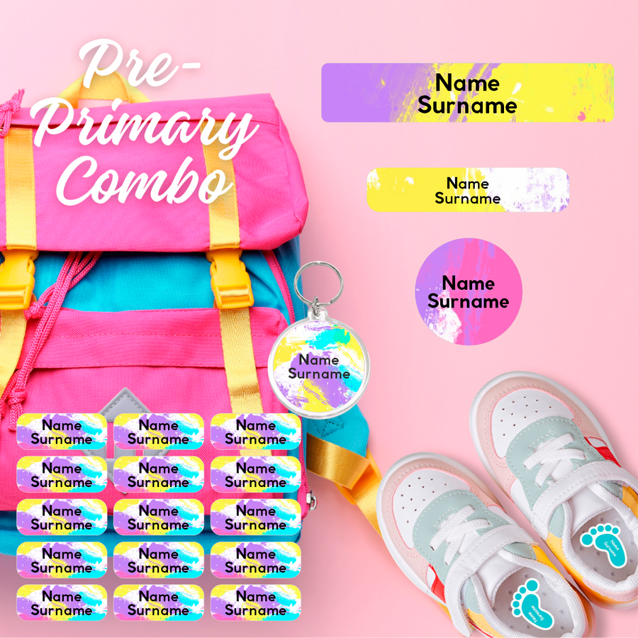 Coral Designs Pre-Primary Label Combo with personalised waterproof name labels and shoe stickers