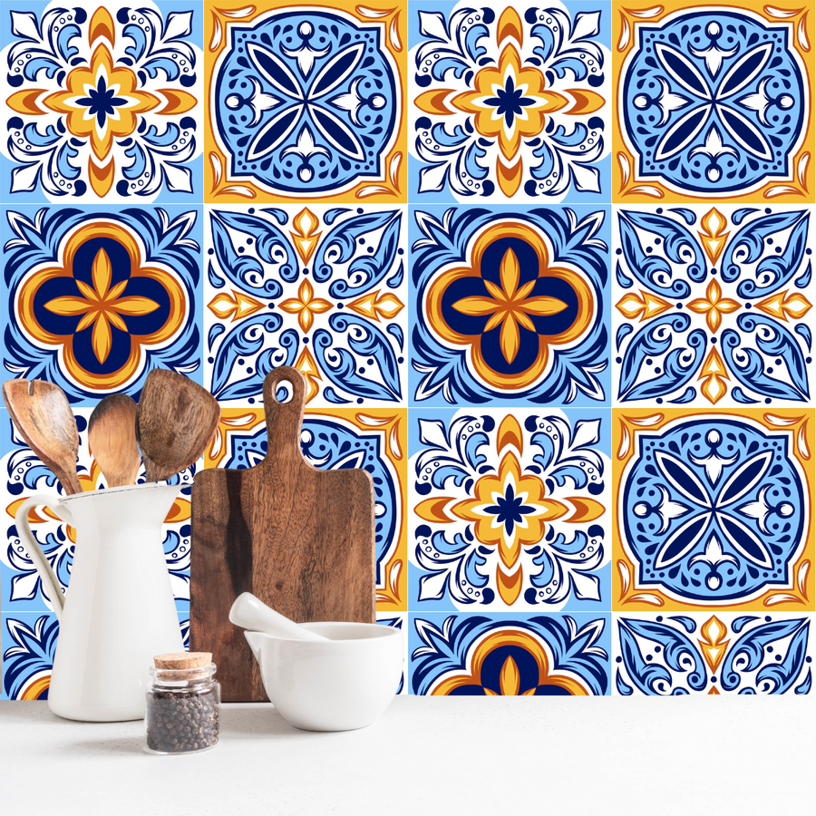 Bright Blue and Orange Tile Wall Stickers