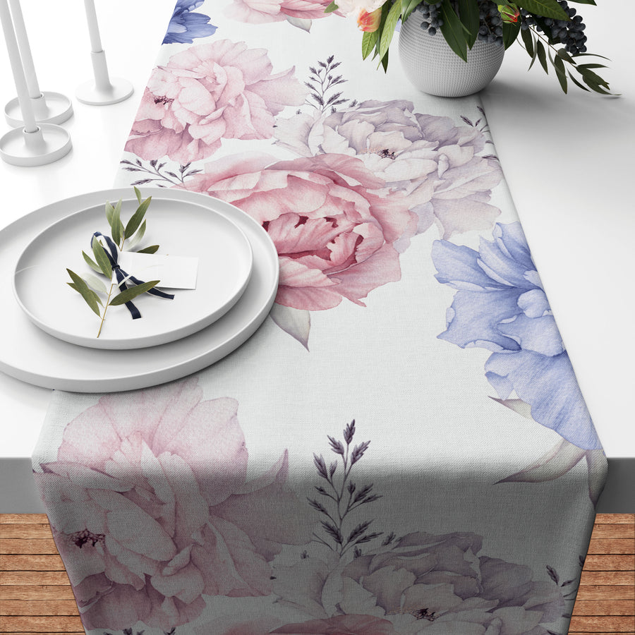 Pink and Blue Peonies Runner