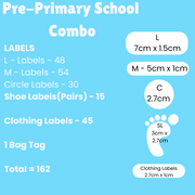 Pre-Primary School Combo with labels and bag tag on a blue background