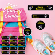 Coral Designs Pre-Primary Label Combo – personalised, waterproof, non-toxic labels for preschoolers. Includes shoe labels, DTF iron-ons & bag tag.