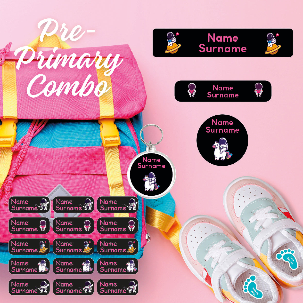 Coral Designs Pre-Primary Label Combo – personalised, waterproof, non-toxic labels for preschoolers. Includes shoe labels, DTF iron-ons & bag tag