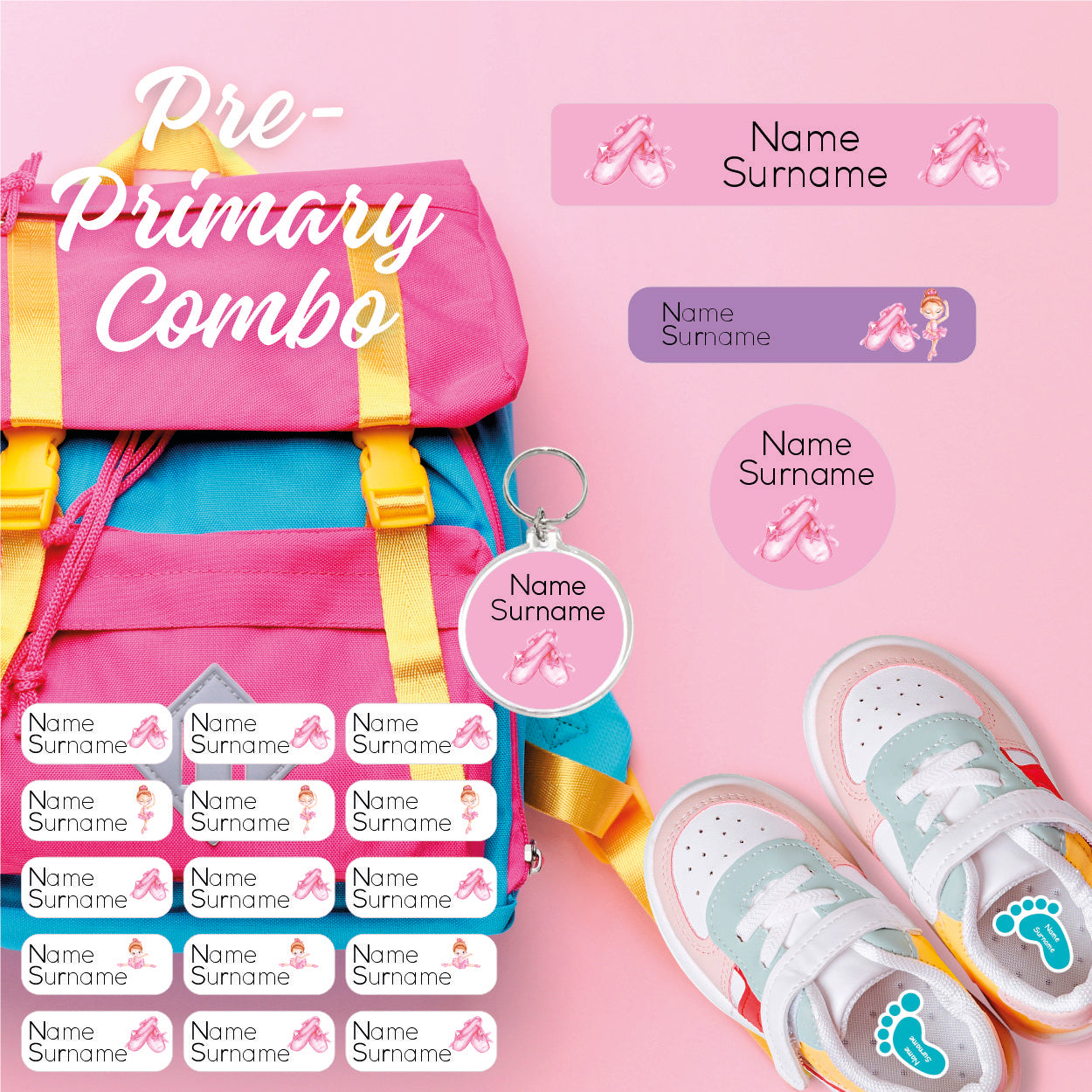 Coral Designs Pre-Primary Label Combo – personalised, waterproof, non-toxic labels for preschoolers. Includes shoe labels, DTF iron-ons & bag tag.