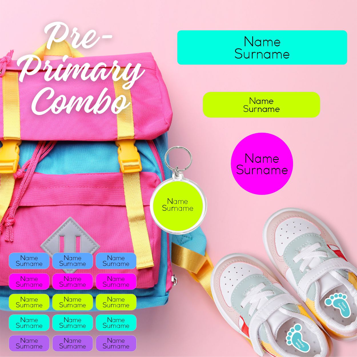 Coral Designs Pre-Primary Label Combo – personalised, waterproof, non-toxic labels for preschoolers. Includes shoe labels, DTF iron-ons & bag tag.