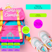 Coral Designs Pre-Primary Label Combo – personalised, waterproof, non-toxic labels for preschoolers. Includes shoe labels, DTF iron-ons & bag tag.