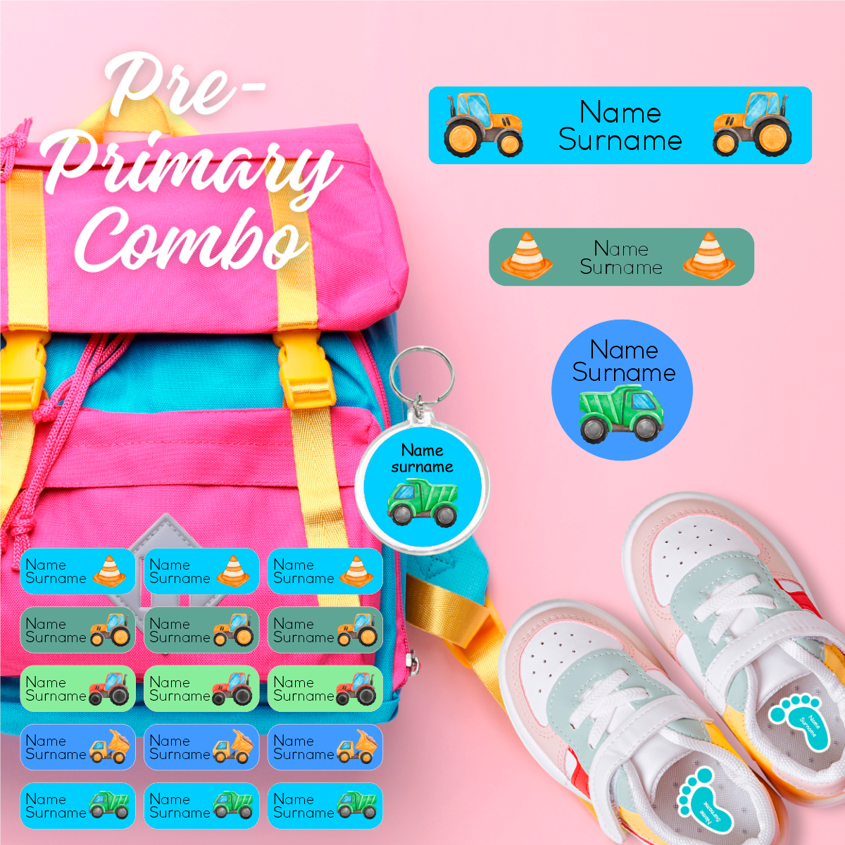 Coral Designs Pre-Primary Label Combo with personalised waterproof name labels and shoe stickers