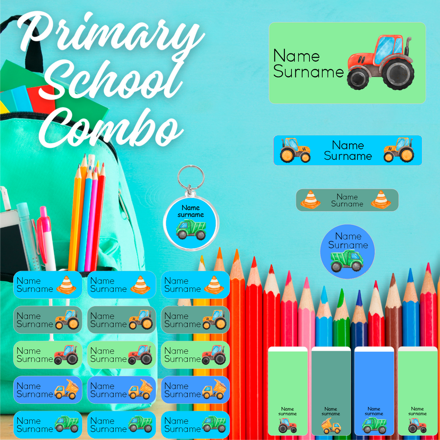 Construction Vehicles Primary School Label Combo