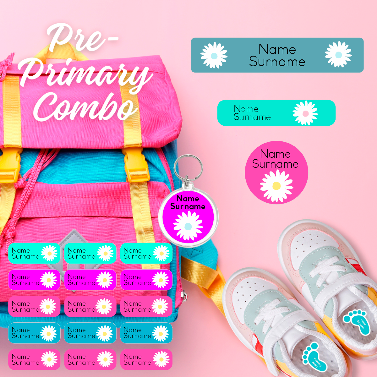 Coral Designs Pre-Primary Label Combo – personalised, waterproof, non-toxic labels for preschoolers. Includes shoe labels, DTF iron-ons & bag tag.