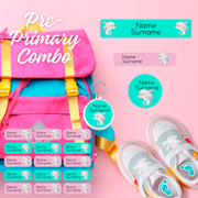 Coral Designs Pre-Primary Label Combo – personalised, waterproof, non-toxic labels for preschoolers. Includes shoe labels, DTF iron-ons & bag tag.