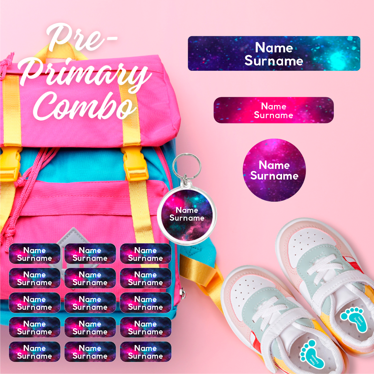 Coral Designs Pre-Primary Label Combo with personalised waterproof name labels and shoe stickers