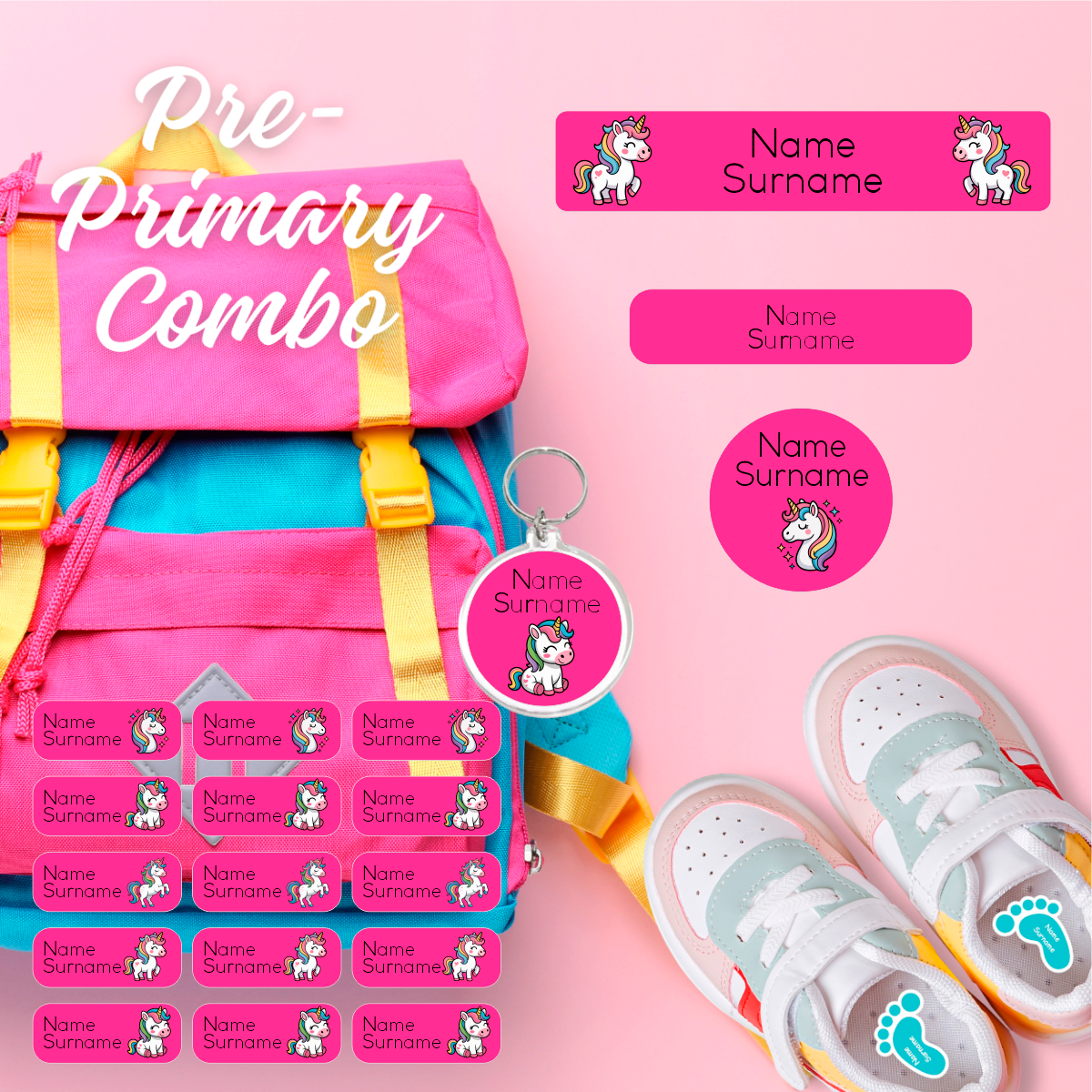 Coral Designs Pre-Primary Label Combo with personalised waterproof name labels and shoe stickers