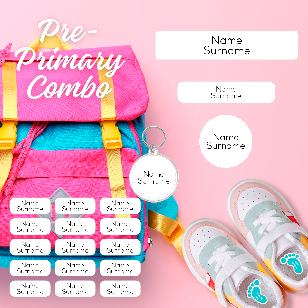 Pre-Primary Label Combo with personalised waterproof name labels and shoe stickers