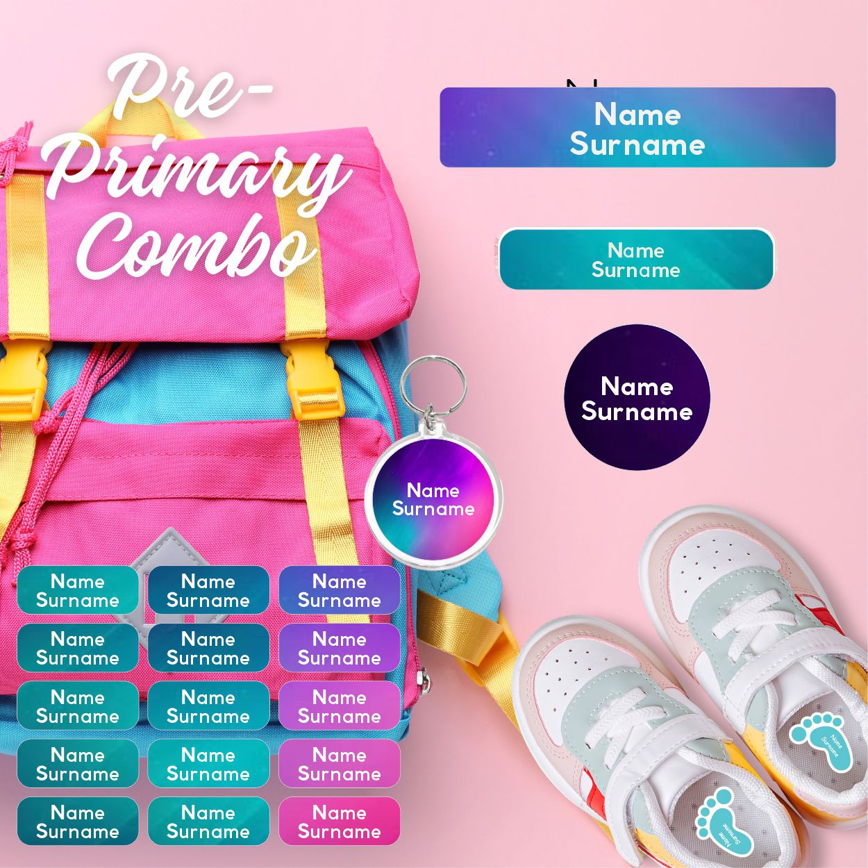 Coral Designs Pre-Primary Label Combo – personalised, waterproof, non-toxic labels for preschoolers. Includes shoe labels, DTF iron-ons & bag tag.